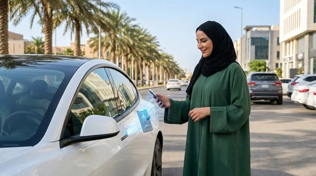امرأة عربية تفتح سيارة كهربائية عبر الهاتف الذكي