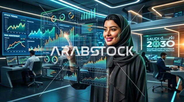 امرأة عربية تتفاعل مع شاشة هولوغرام رقمية في المختبر