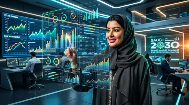 امرأة عربية تتفاعل مع شاشة هولوغرام رقمية في المختبر