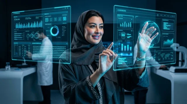 Arab Woman Interacting with Hologram Screen in Lab