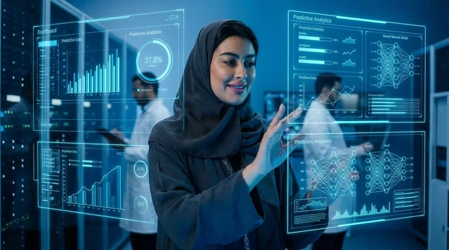 Arab Woman Interacting with Futuristic Digital Screen