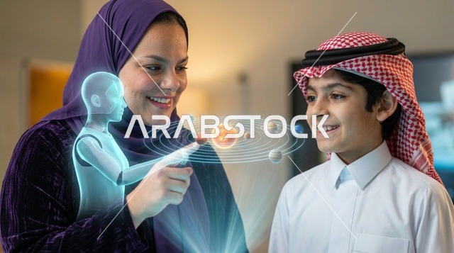 Saudi Mother and Son Using Hologram for Smart Learning