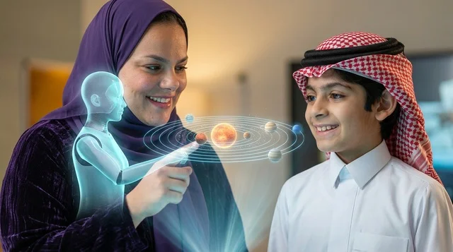أم وابنها في جلسة تعلم ذكي باستخدام الهولوجرام