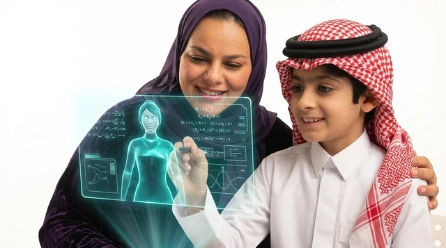 طالب سعودي وأمه يستخدمان هولوغرام التعلم الذكي