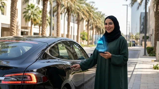 An Arab woman unlocks a smart car via her smartphone.