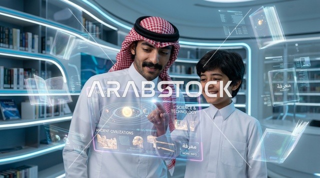 معلم سعودي وطالب يتعلمان البرمجة عبر شاشة هولوغرام