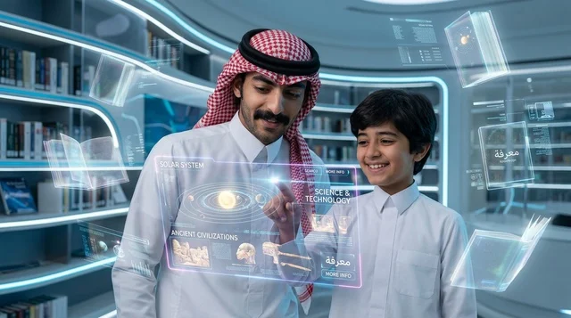 معلم سعودي وطالب يتعلمان البرمجة عبر شاشة هولوغرام