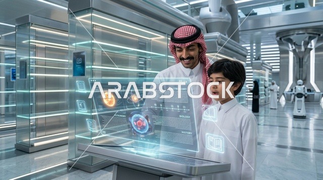 أب سعودي وابنه يستخدمان الهولوجرام في التعلم الذكي