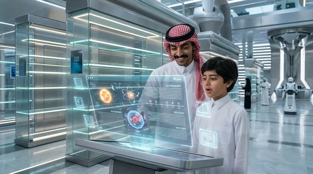 أب سعودي وابنه يستخدمان الهولوجرام في التعلم الذكي