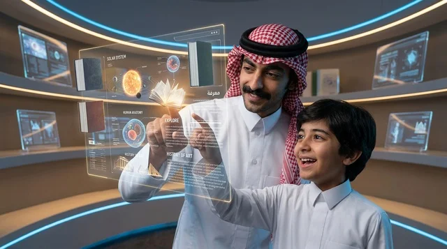 معلم سعودي وطالب يتعلمان البرمجة عبر شاشة هولوغرام