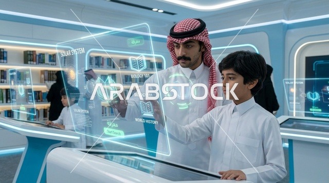 طالب ومعلم سعودي يستخدمان شاشة هولوجرام تفاعلية للتعلم الذكي