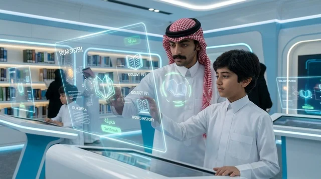 طالب ومعلم سعودي يستخدمان شاشة هولوجرام تفاعلية للتعلم الذكي