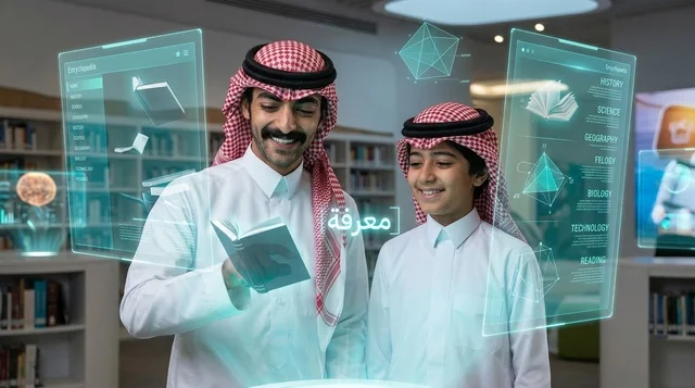معلم سعودي وطالب يتعلمان البرمجة عبر شاشة هولوغرام
