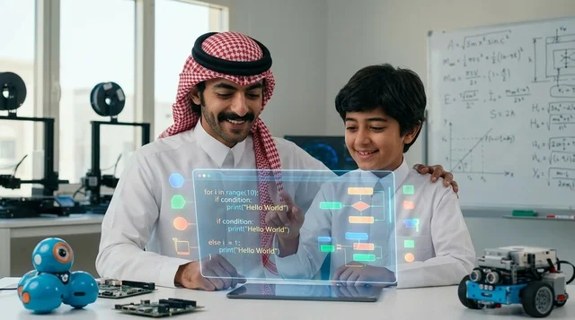 معلم سعودي وطالب يتعلمان البرمجة عبر شاشة هولوغرام