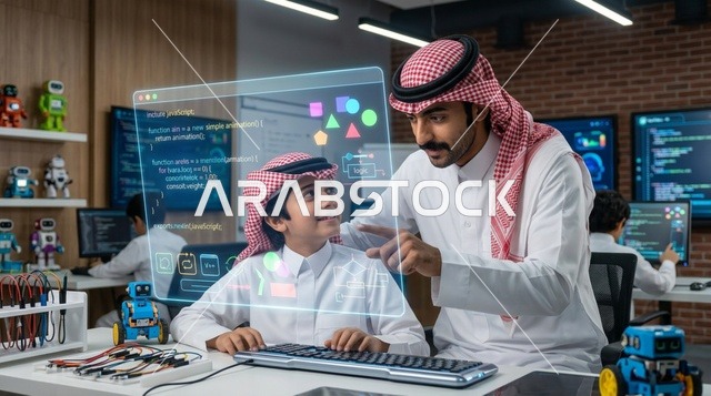 معلم سعودي وطالب يتعلمان البرمجة عبر شاشة هولوغرام