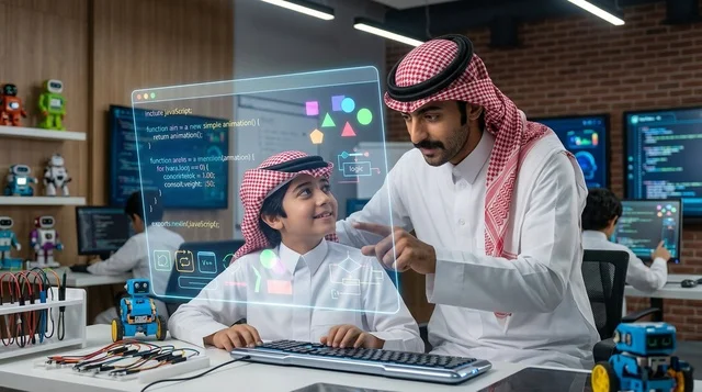 معلم سعودي وطالب يتعلمان البرمجة عبر شاشة هولوغرام