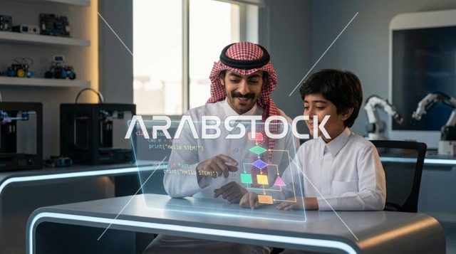 التعلم الذكي ومعلم سعودي يدرس طفل البرمجة الحديثة