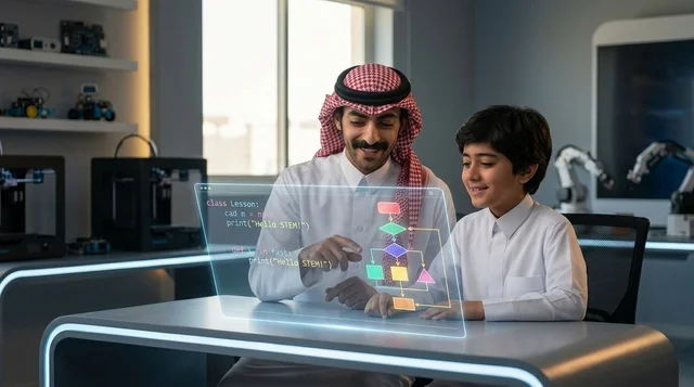 التعلم الذكي ومعلم سعودي يدرس طفل البرمجة الحديثة