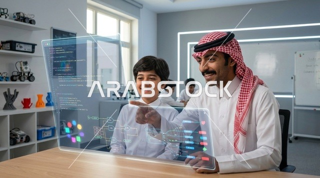 معلم وطالب سعودي يستخدمان شاشة هولوغرام ذكية بالصف