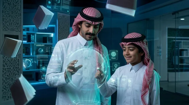 معلم سعودي وطالب يتعلمان البرمجة عبر شاشة هولوغرام
