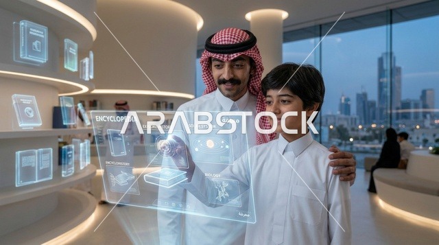 أب سعودي يعلم ابنه باستخدام تقنيات التعلم الذكي
