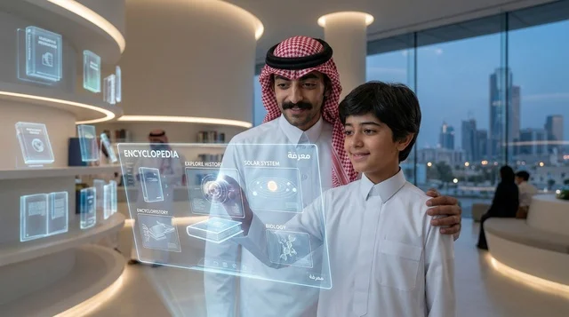 أب سعودي يعلم ابنه باستخدام تقنيات التعلم الذكي