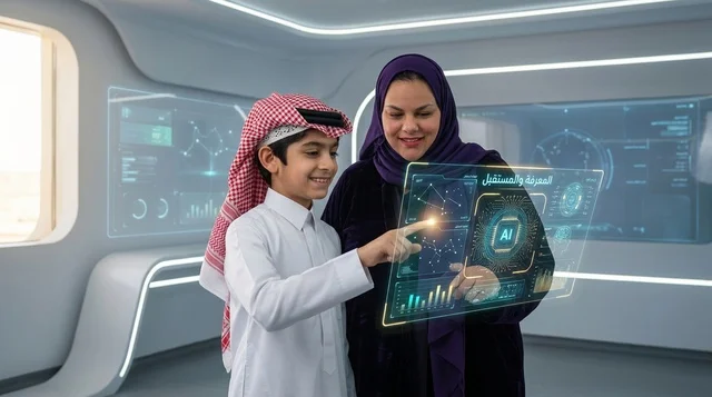 Saudi Boy and Woman Using Futuristic AI Hologram Screen