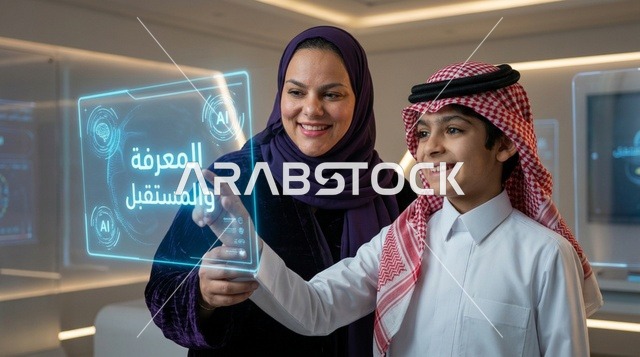 أم سعودية وابنها يتفاعلان مع شاشة تعليمية مستقبلية