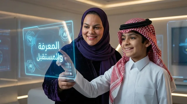 أم سعودية وابنها يتفاعلان مع شاشة تعليمية مستقبلية