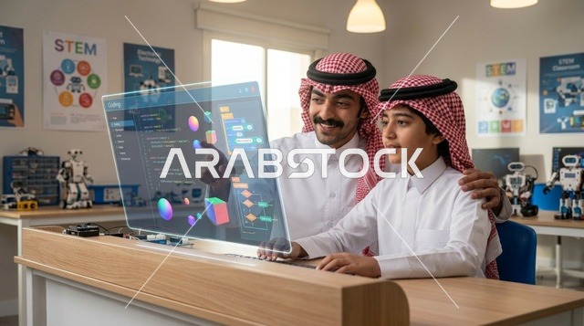 أب وابن سعوديان يتعلمان البرمجة على شاشة ذكية تفاعلية