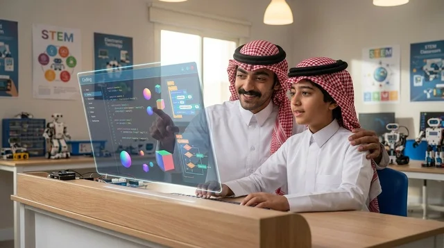 أب وابن سعوديان يتعلمان البرمجة على شاشة ذكية تفاعلية