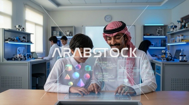 معلم سعودي وطالب يستخدمان شاشة هولوغرام تفاعلية