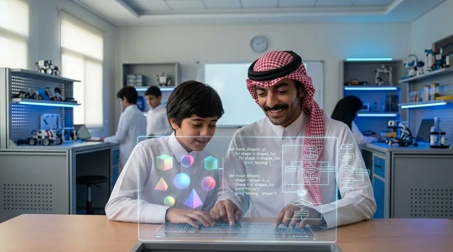 معلم سعودي وطالب يستخدمان شاشة هولوغرام تفاعلية