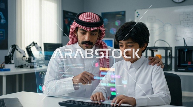 معلم وطالب سعودي يستخدمان شاشة هولوغرام تفاعلية ذكية
