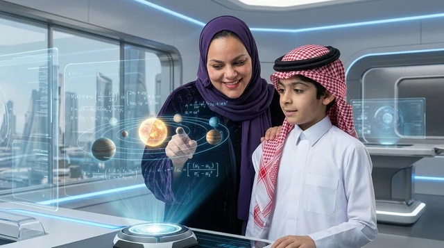 طفل سعودي ومعلمة يستعينان بالهولوغرام في صف مستقبلي
