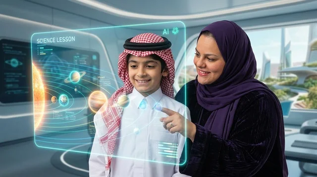 طالب سعودي ووالدته يدرسان العلوم عبر شاشة هولوغرام تفاعلية