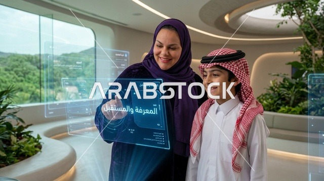 أم وابنها بالزي السعودي يتفاعلان مع شاشة ذكية متطورة