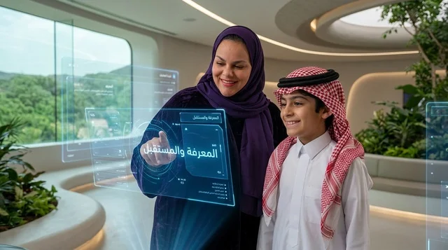 أم وابنها بالزي السعودي يتفاعلان مع شاشة ذكية متطورة