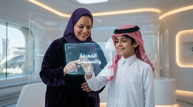 أم سعودية وابنها يستخدمان تقنيات التعلم الذكي الحديثة