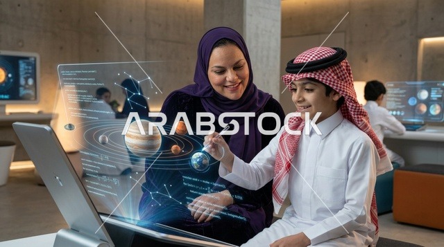 طالب سعودي يستخدم شاشة هولوغرام تفاعلية في الفصل
