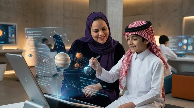 طالب سعودي يستخدم شاشة هولوغرام تفاعلية في الفصل