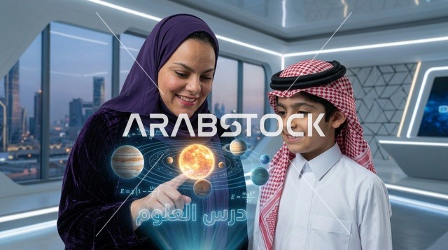 طفل سعودي ومعلمة مع هولوغرام النظام الشمسي الذكي