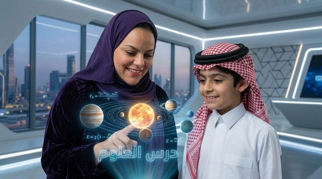 طفل سعودي ومعلمة مع هولوغرام النظام الشمسي الذكي