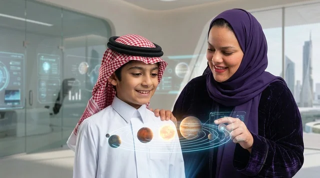 التعلم الذكي وهولوجرام النظام الشمسي لطفل سعودي وامرأة