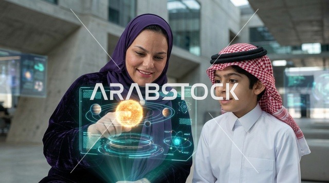 أم سعودية وابنها يتعلمان الفلك بنظام الهولوغرام الذكي