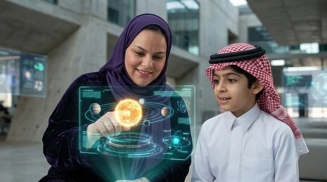 أم سعودية وابنها يتعلمان الفلك بنظام الهولوغرام الذكي