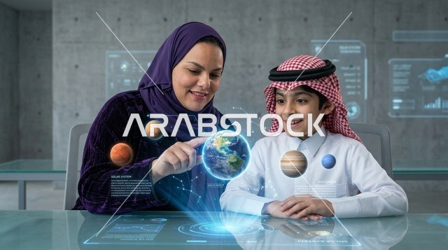 Saudi Mother and Son Using Smart Learning Hologram