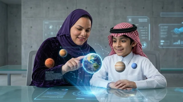 الأم والابن يتعلمان باستخدام تقنية الهولوجرام الذكي