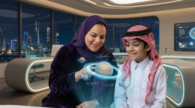طفل سعودي وامرأة عربية يستكشفان الهولوغرام التعليمي