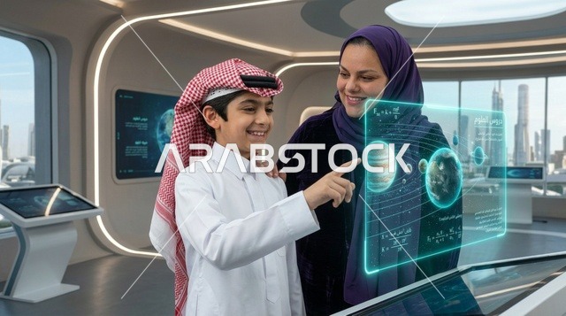 طفل سعودي وامرأة يتفاعلان مع هولوجرام التعليم الذكي